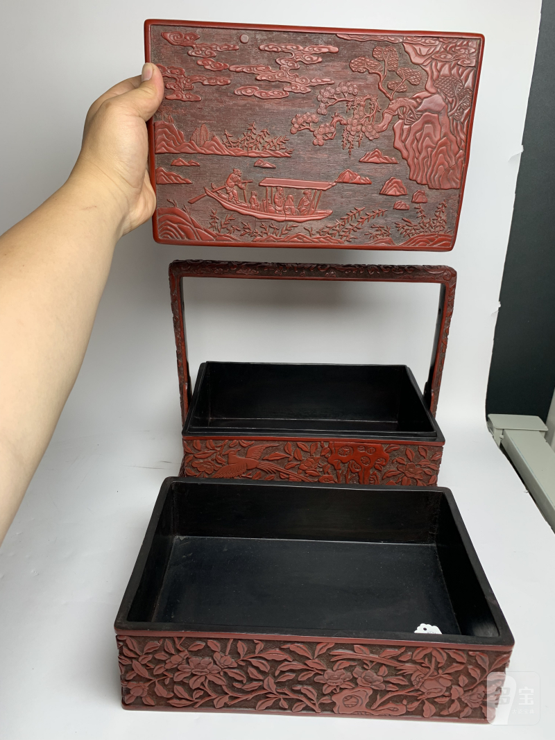 明 剔红夜游赤壁图双层文房提盒 - 图17